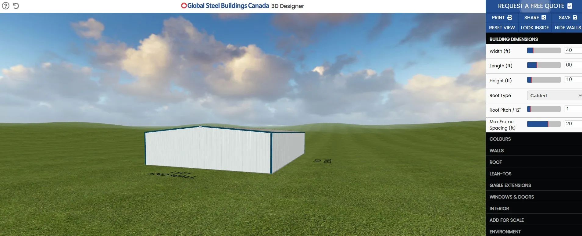 3D steel building designer showing a custom building layout