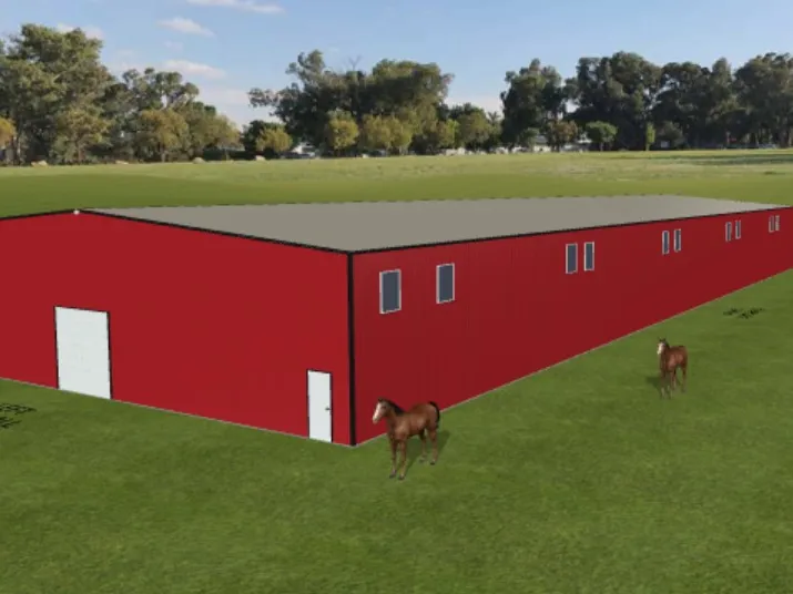 3D design of a long red steel barn
