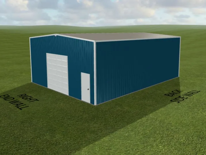 3D Builder template: 30x40x14 blue steel building with an overhead door