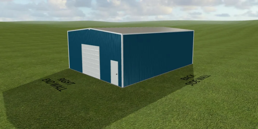 3D design of a 30x40x14 blue steel building with an overhead door