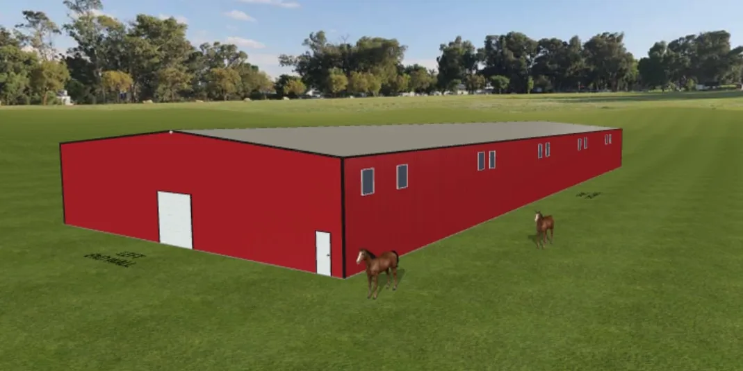 3D design of an 80x200x18 red steel horse arena