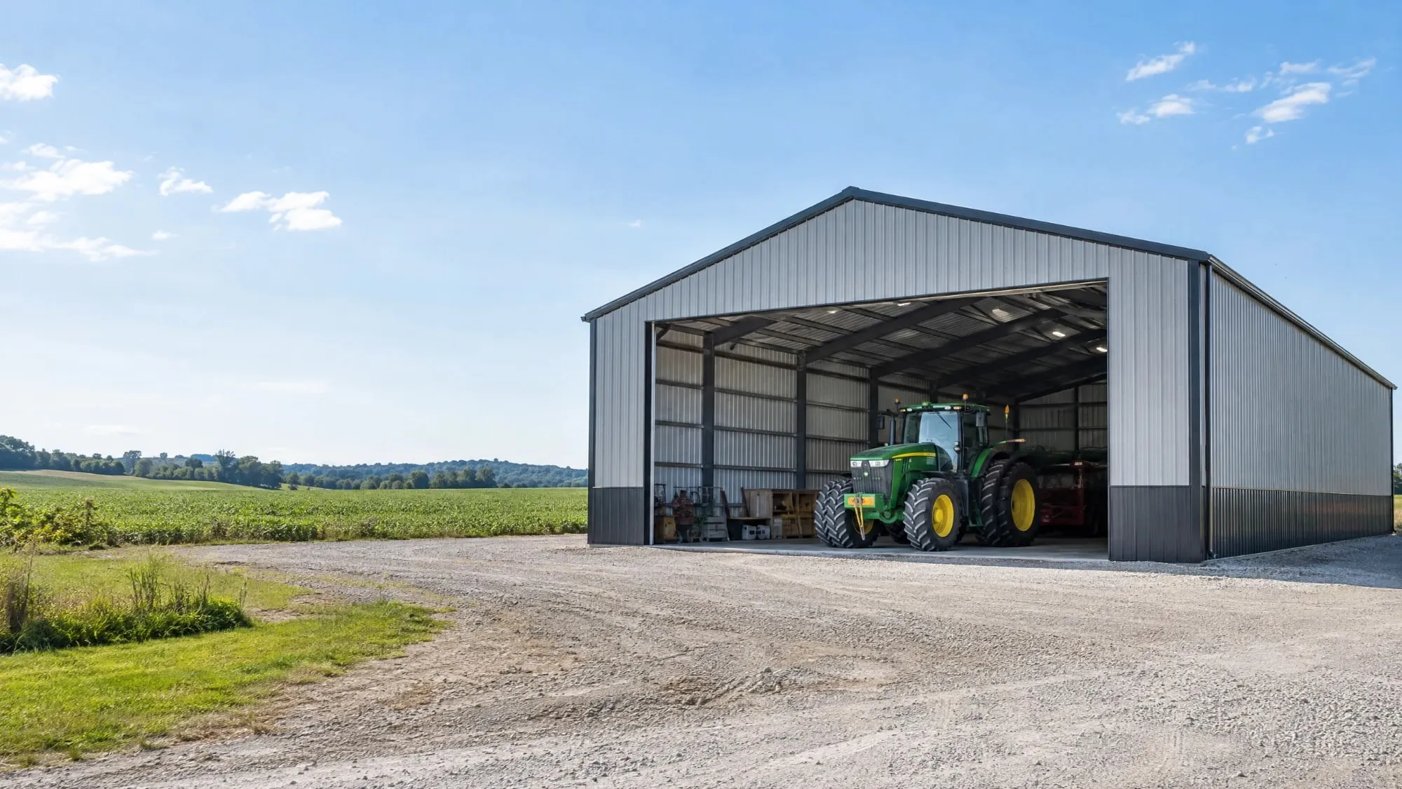 Steel farm building with a tractor inside the open end wall