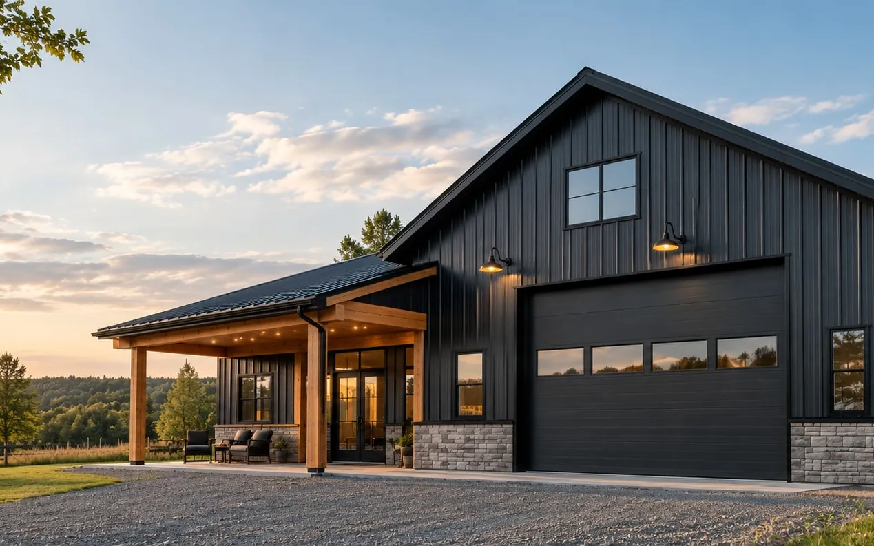 Black steel barndominium with a covered timber porch, stone wainscot and a large overhead door