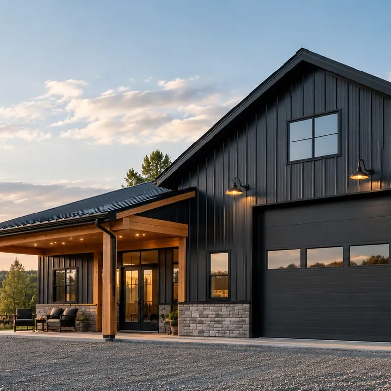 Black steel barndominium with a covered timber porch, stone wainscot and a large overhead door