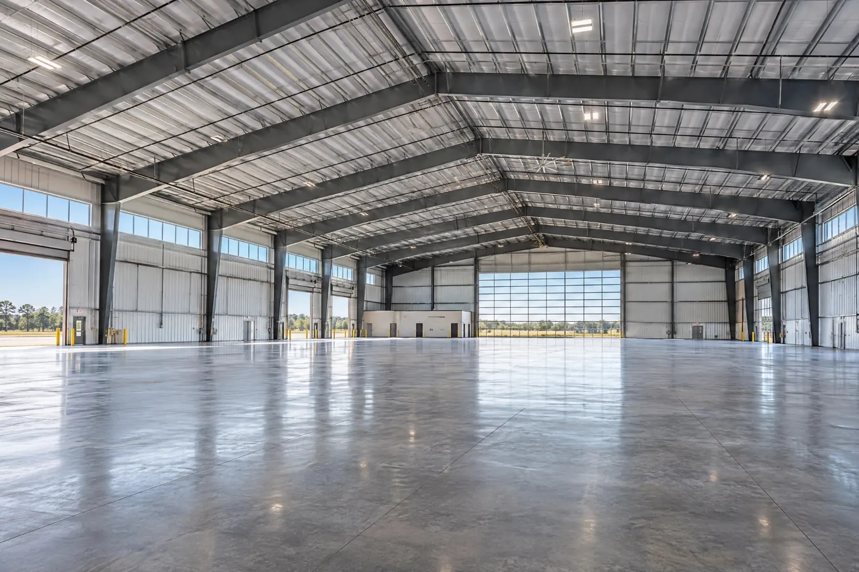 Bright clear-span steel building interior with no interior columns