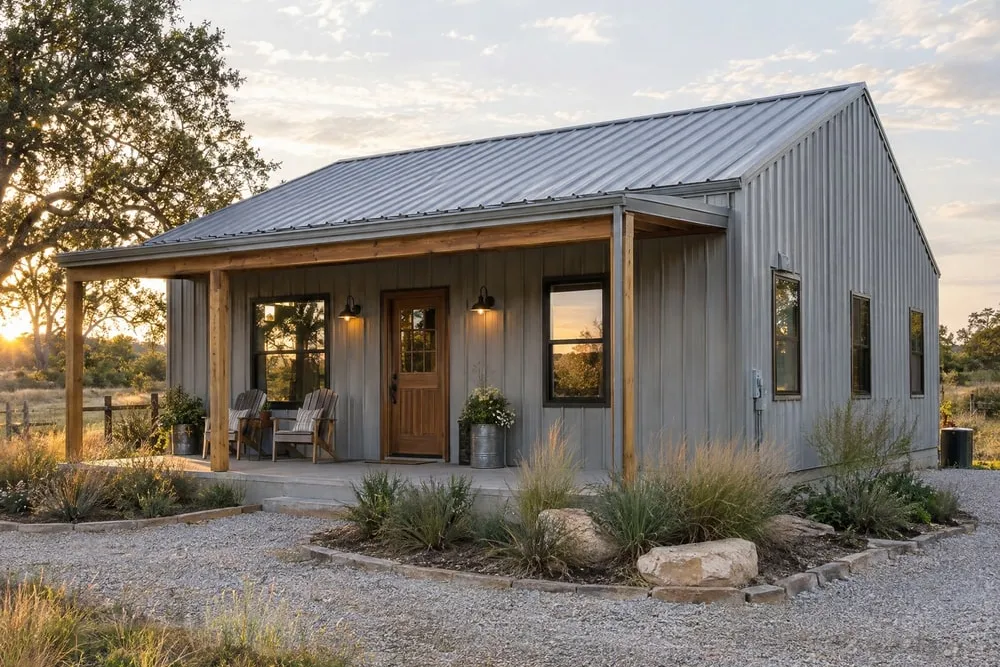 Small grey steel barndominium with a covered porch and wood front door at sunset