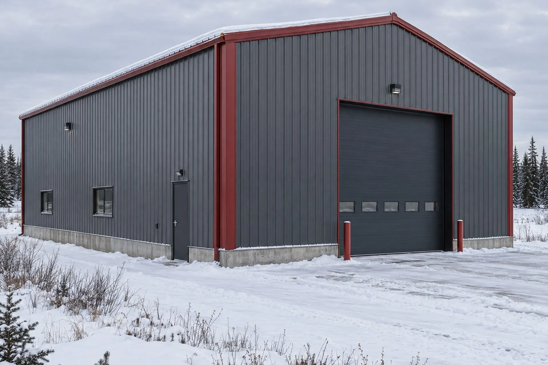 Grey pre-engineered steel building with red trim and an overhead door in a snowy Canadian winter