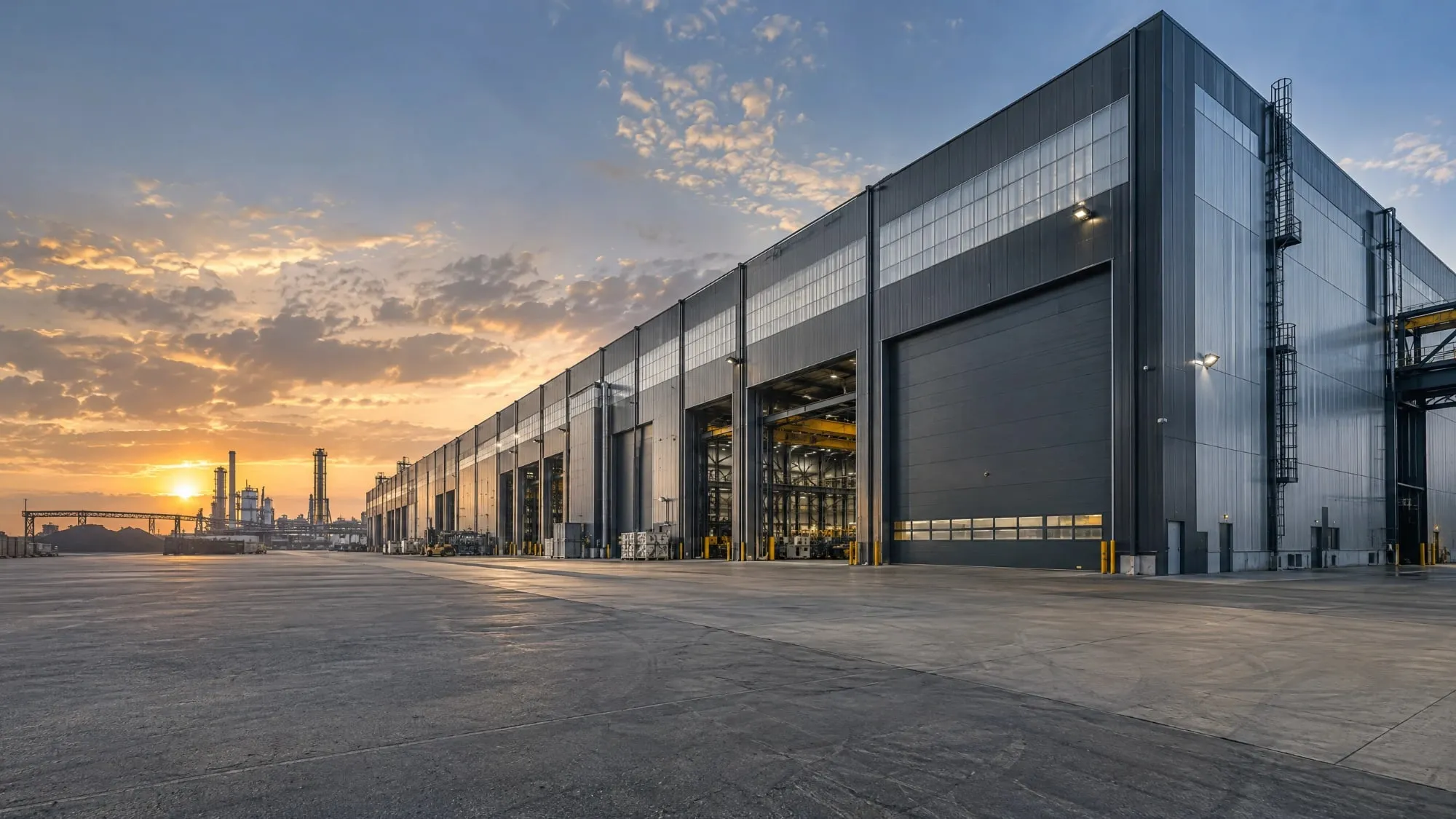 Large steel manufacturing plant with tall overhead doors at sunset