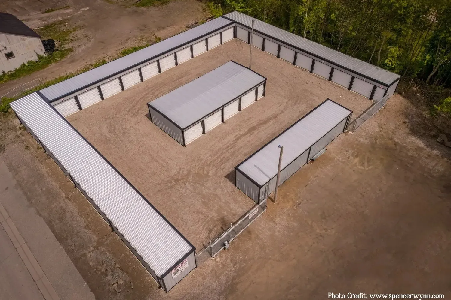Aerial view of a multi-row steel mini-storage facility