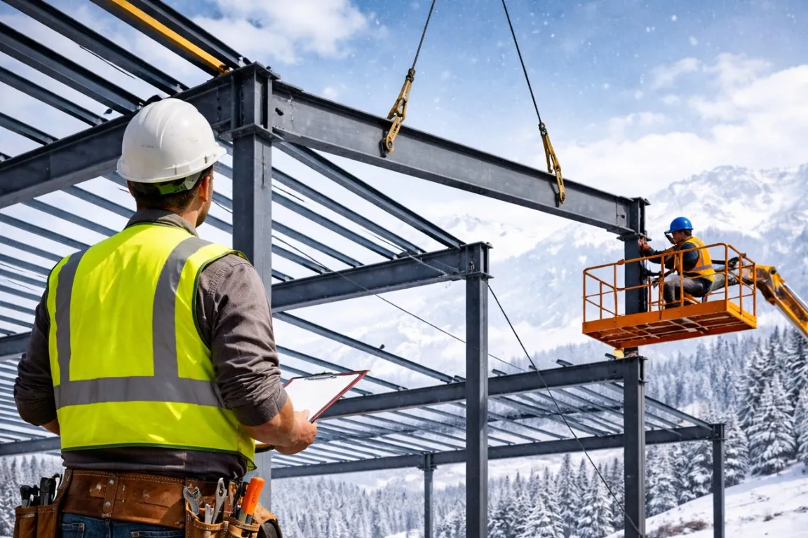 Crew erecting a steel building frame in winter