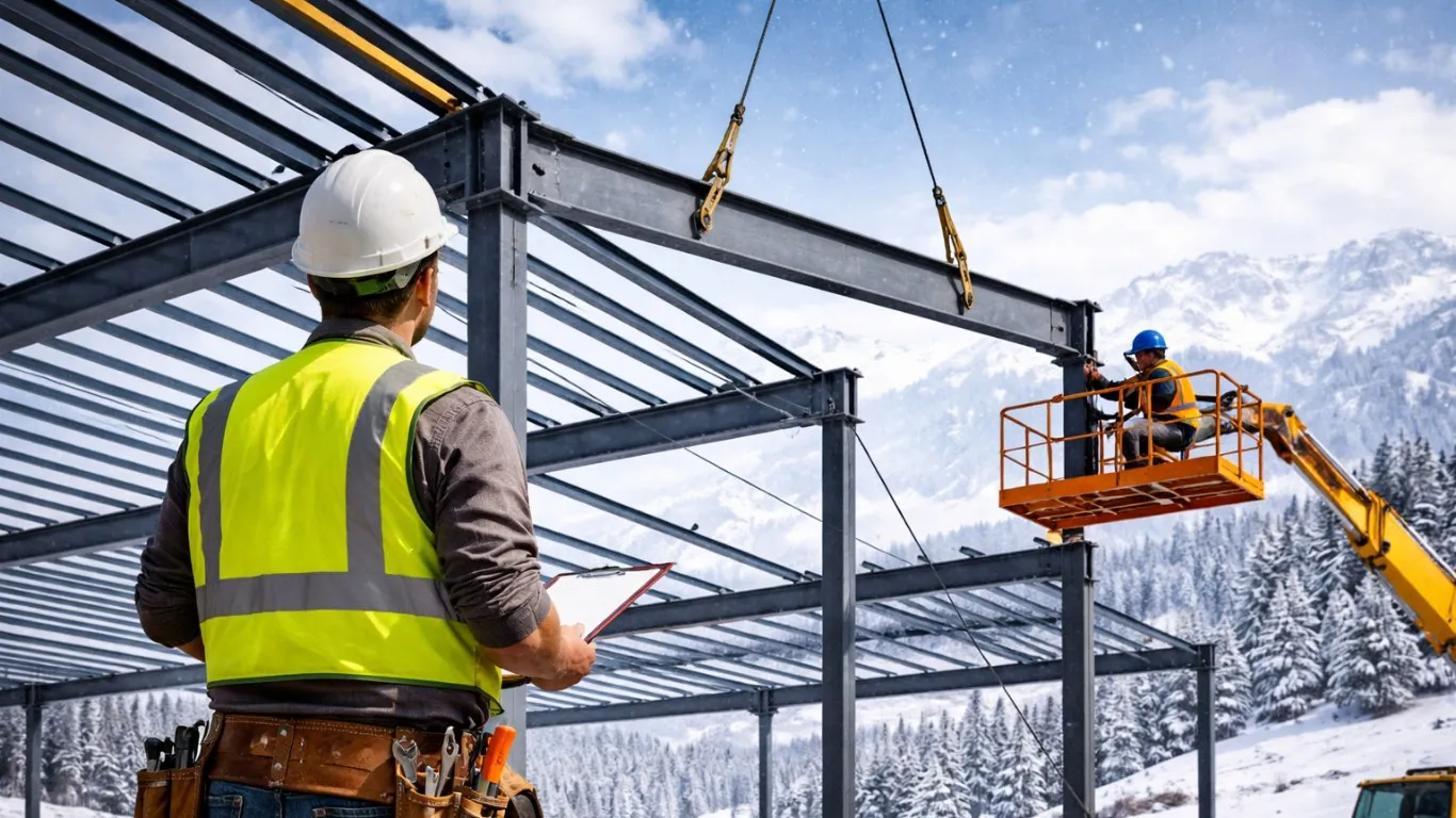 Global Steel Buildings crew erecting a steel frame in winter