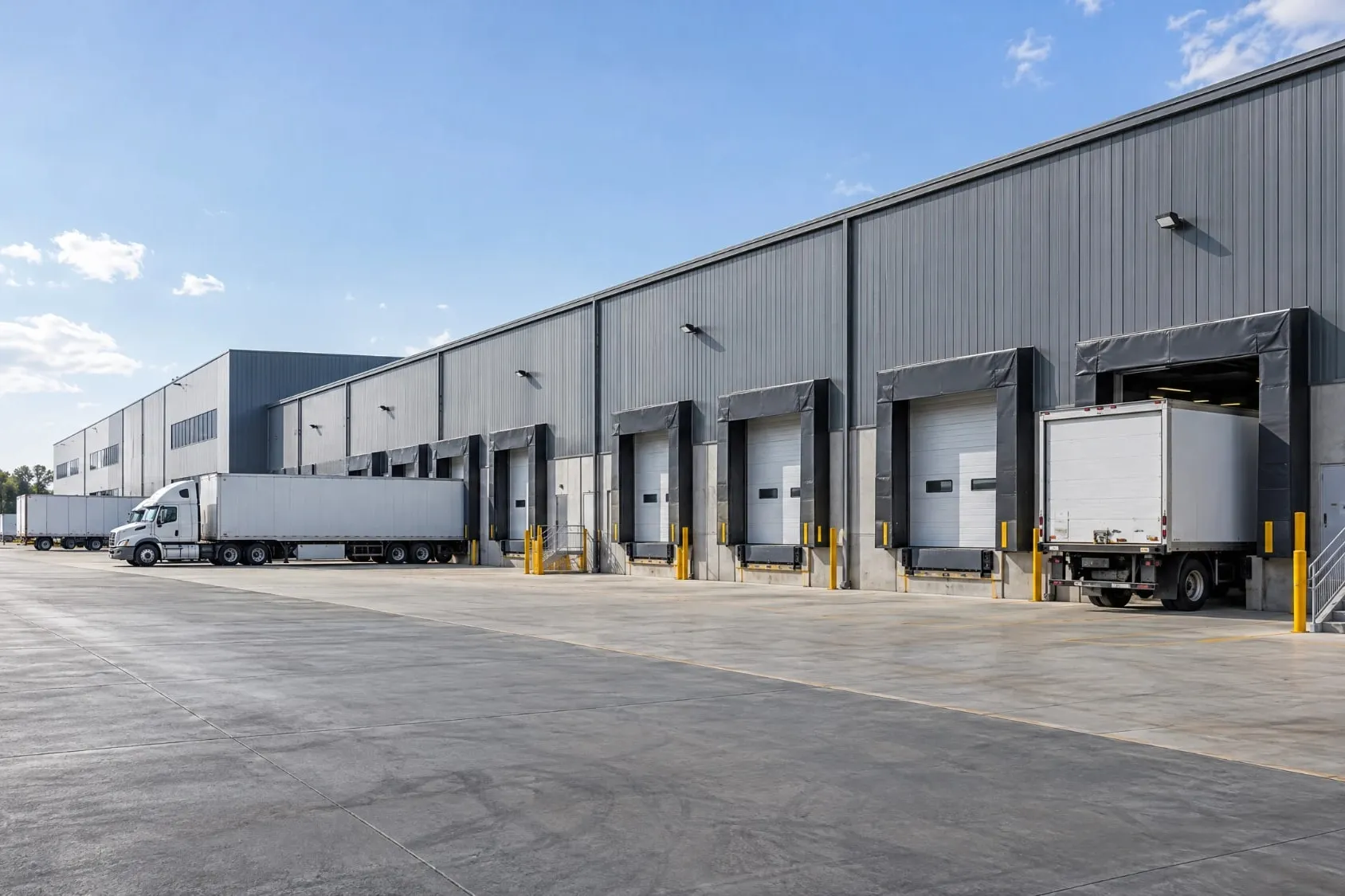 Steel distribution warehouse with truck loading docks