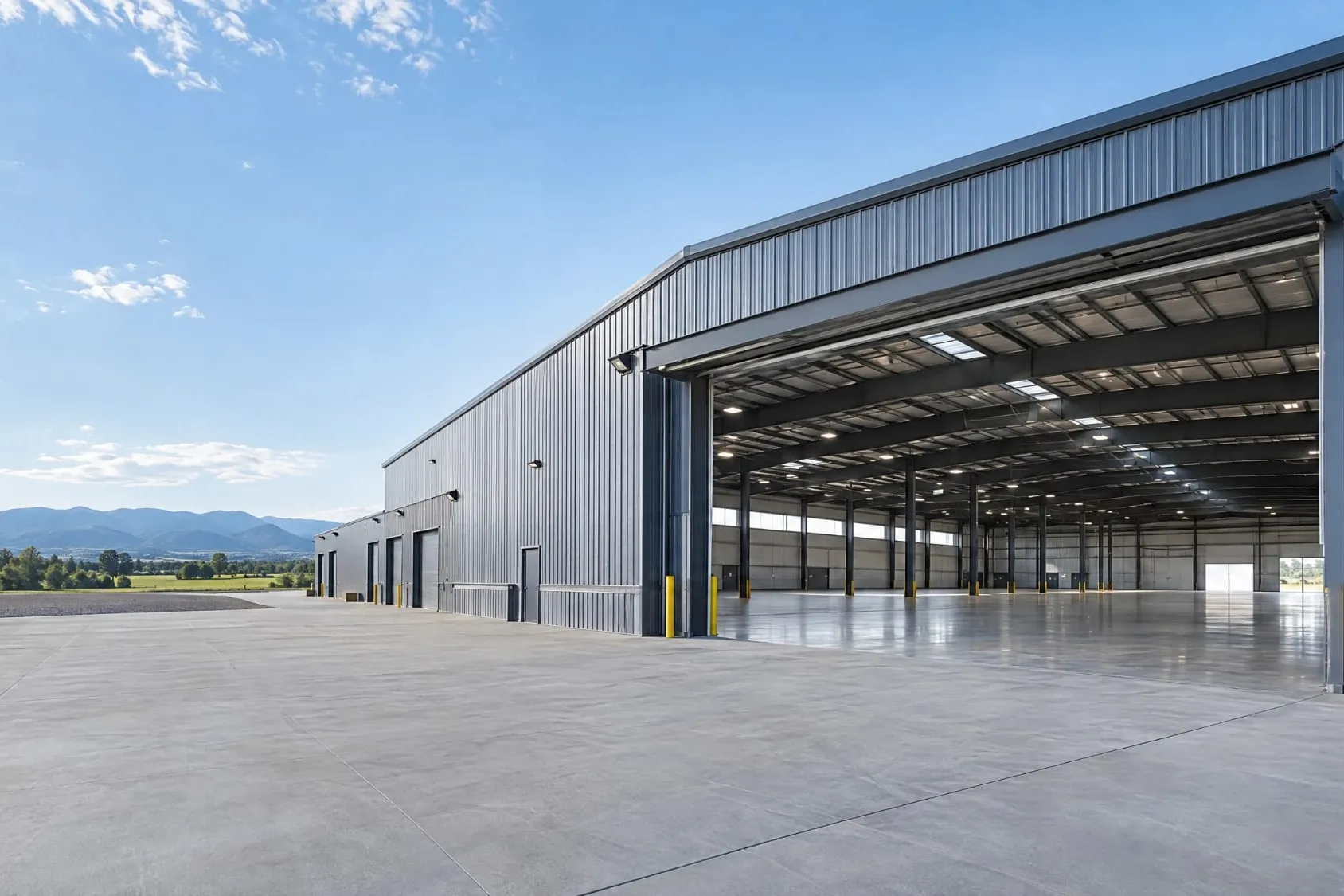 Grey steel building with a large open door and clear-span interior